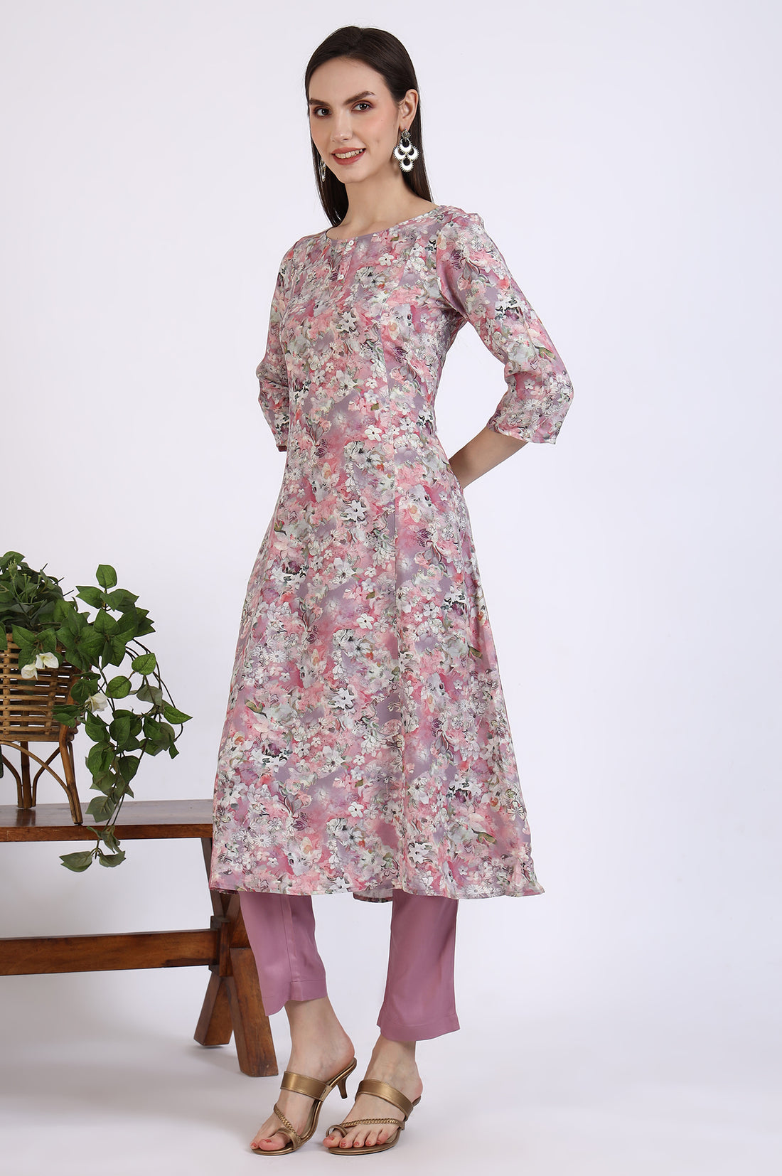 Pink Floral Printed Rayon A-line Kurta and Pants Co-ord Set