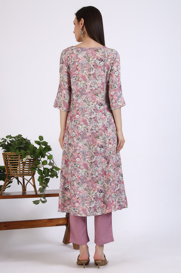 Pink Floral Printed Rayon A-line Kurta and Pants Co-ord Set