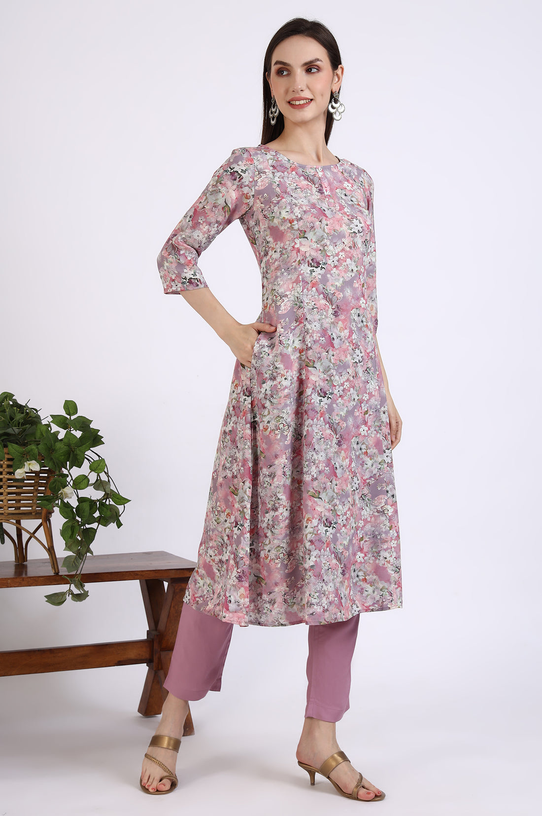 Pink Floral Printed Rayon A-line Kurta and Pants Co-ord Set