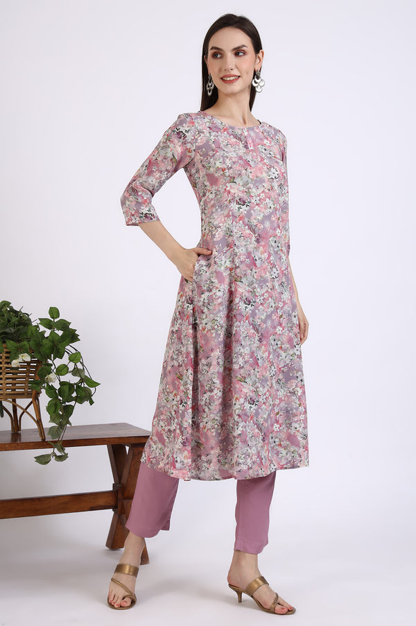 Pink Floral Printed Rayon A-line Kurta and Pants Co-ord Set