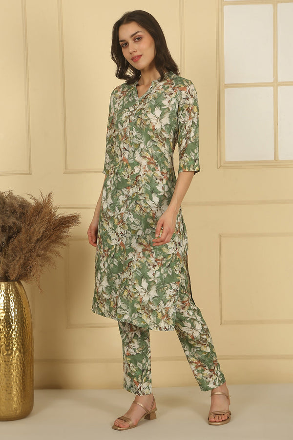 Green Floral Printed Straight Kurta and Palazzo Co-ord Set