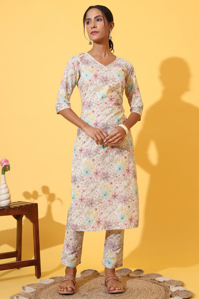 Cream Floral Printed Cotton Shimmer Straight Kurta and Trousers Co-ord Set