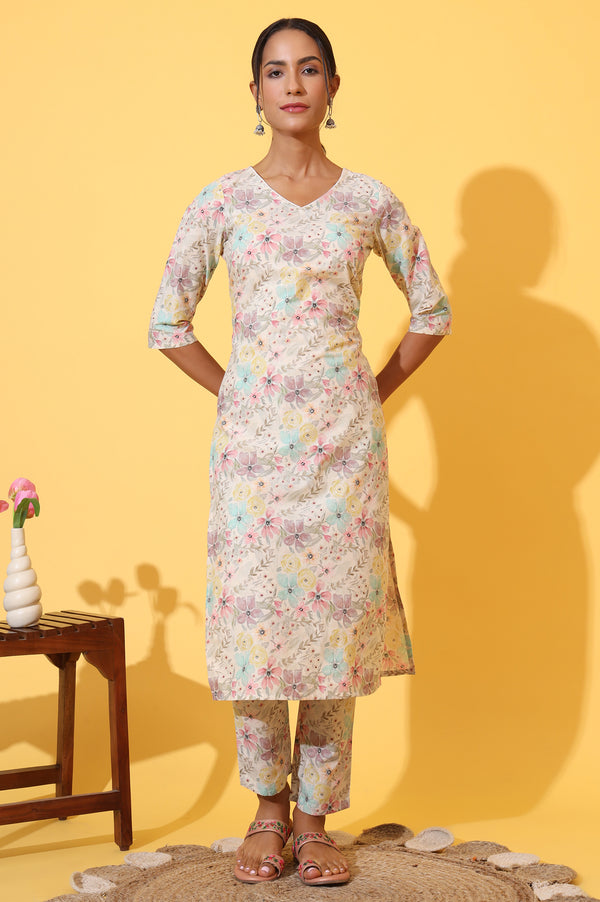 Cream Floral Printed Cotton Shimmer Straight Kurta and Trousers Co-ord Set