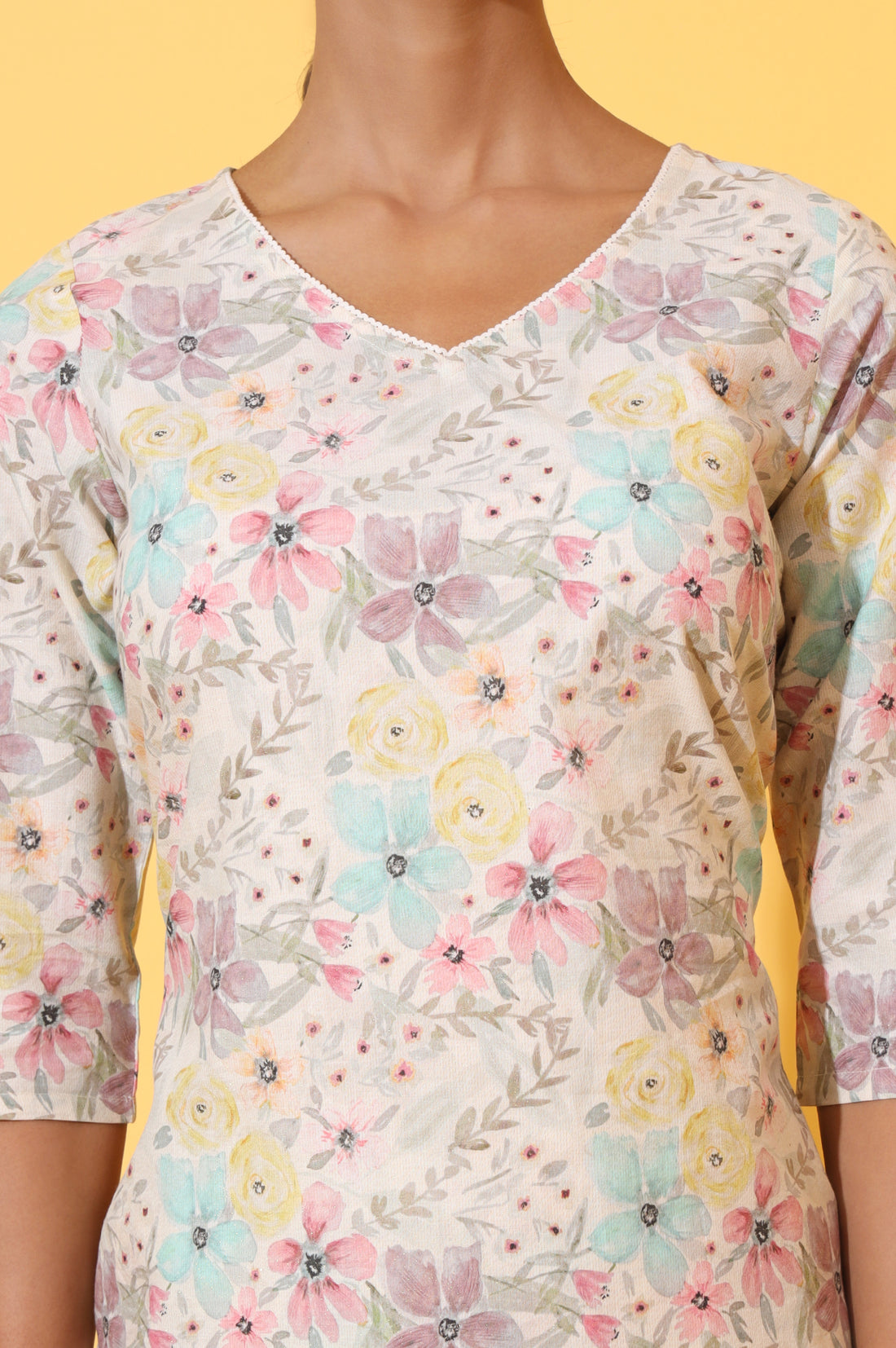 Cream Floral Printed Cotton Shimmer Straight Kurta and Trousers Co-ord Set