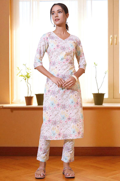 Cream Floral Printed Cotton Shimmer Straight Kurta and Trousers Co-ord Set