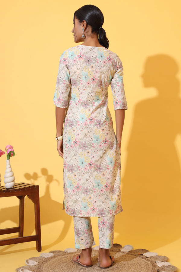 Cream Floral Printed Cotton Shimmer Straight Kurta and Trousers Co-ord Set