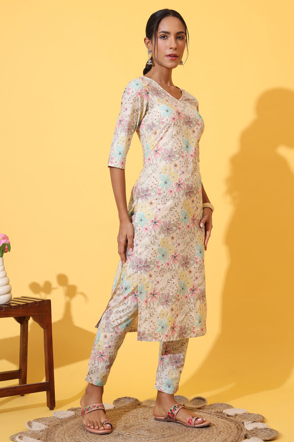 Cream Floral Printed Cotton Shimmer Straight Kurta and Trousers Co-ord Set