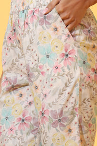 Cream Floral Printed Cotton Shimmer Straight Kurta and Trousers Co-ord Set