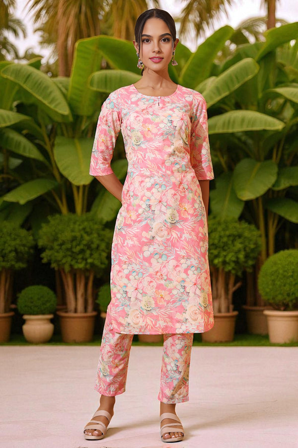 Pink Floral Printed Cotton Shimmer Straight Kurta and Trousers Co-ord Set