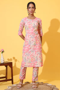 Pink Floral Printed Cotton Shimmer Straight Kurta and Trousers Co-ord Set