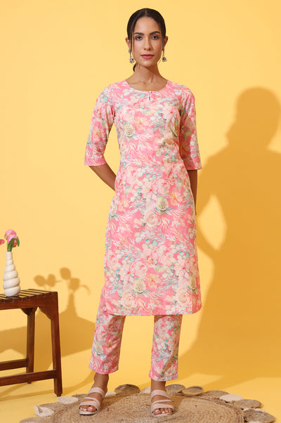 Pink Floral Printed Cotton Shimmer Straight Kurta and Trousers Co-ord Set