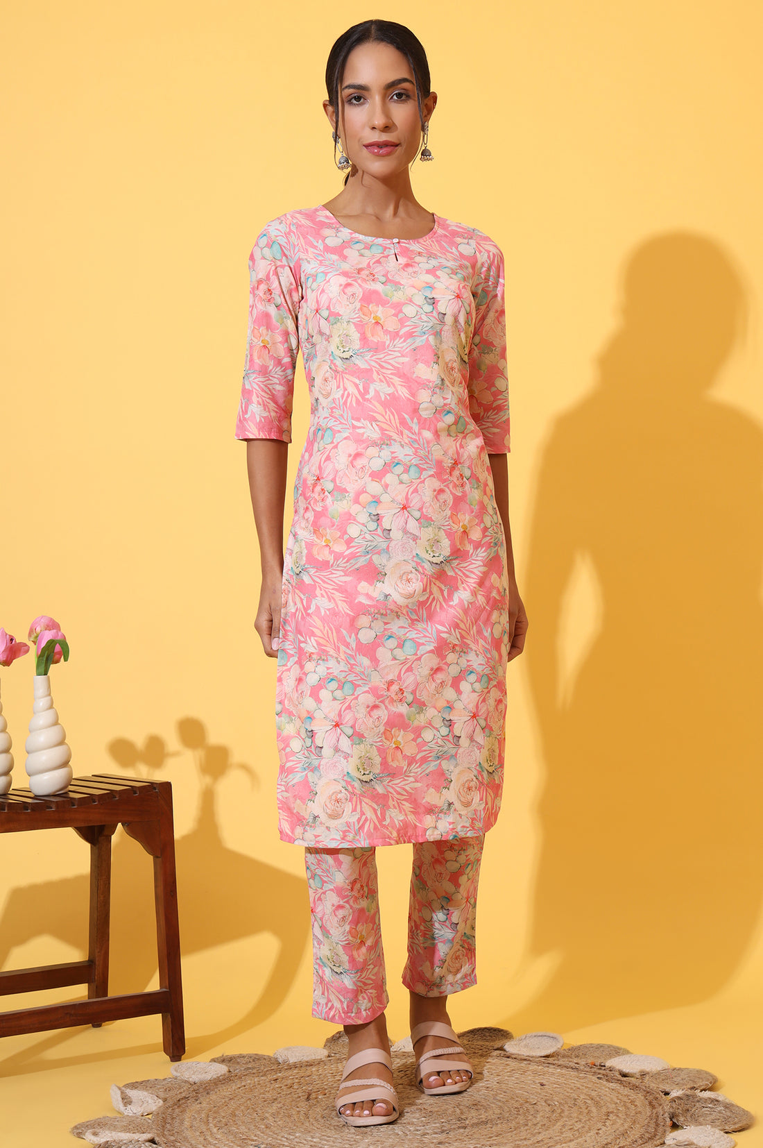 Pink Floral Printed Cotton Shimmer Straight Kurta and Trousers Co-ord Set