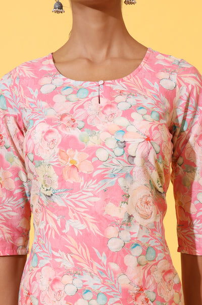 Pink Floral Printed Cotton Shimmer Straight Kurta and Trousers Co-ord Set