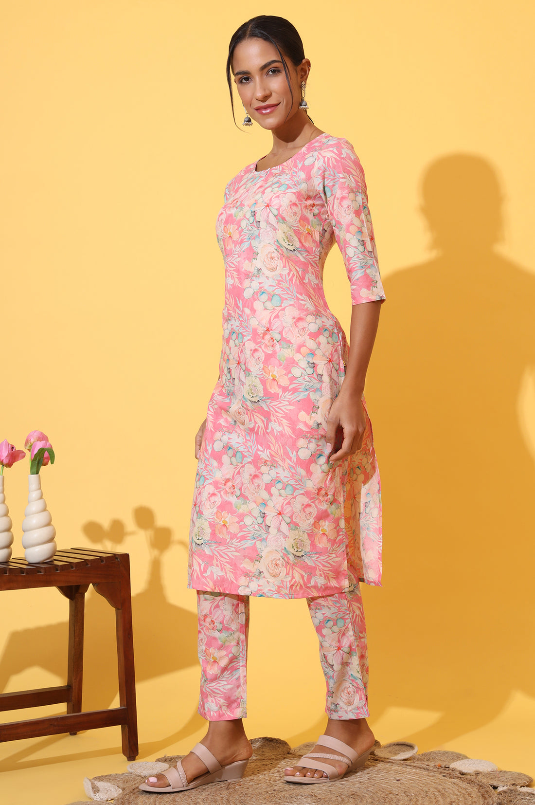 Pink Floral Printed Cotton Shimmer Straight Kurta and Trousers Co-ord Set
