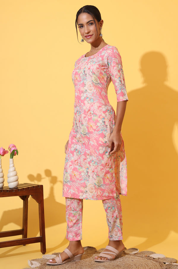 Pink Floral Printed Cotton Shimmer Straight Kurta and Trousers Co-ord Set