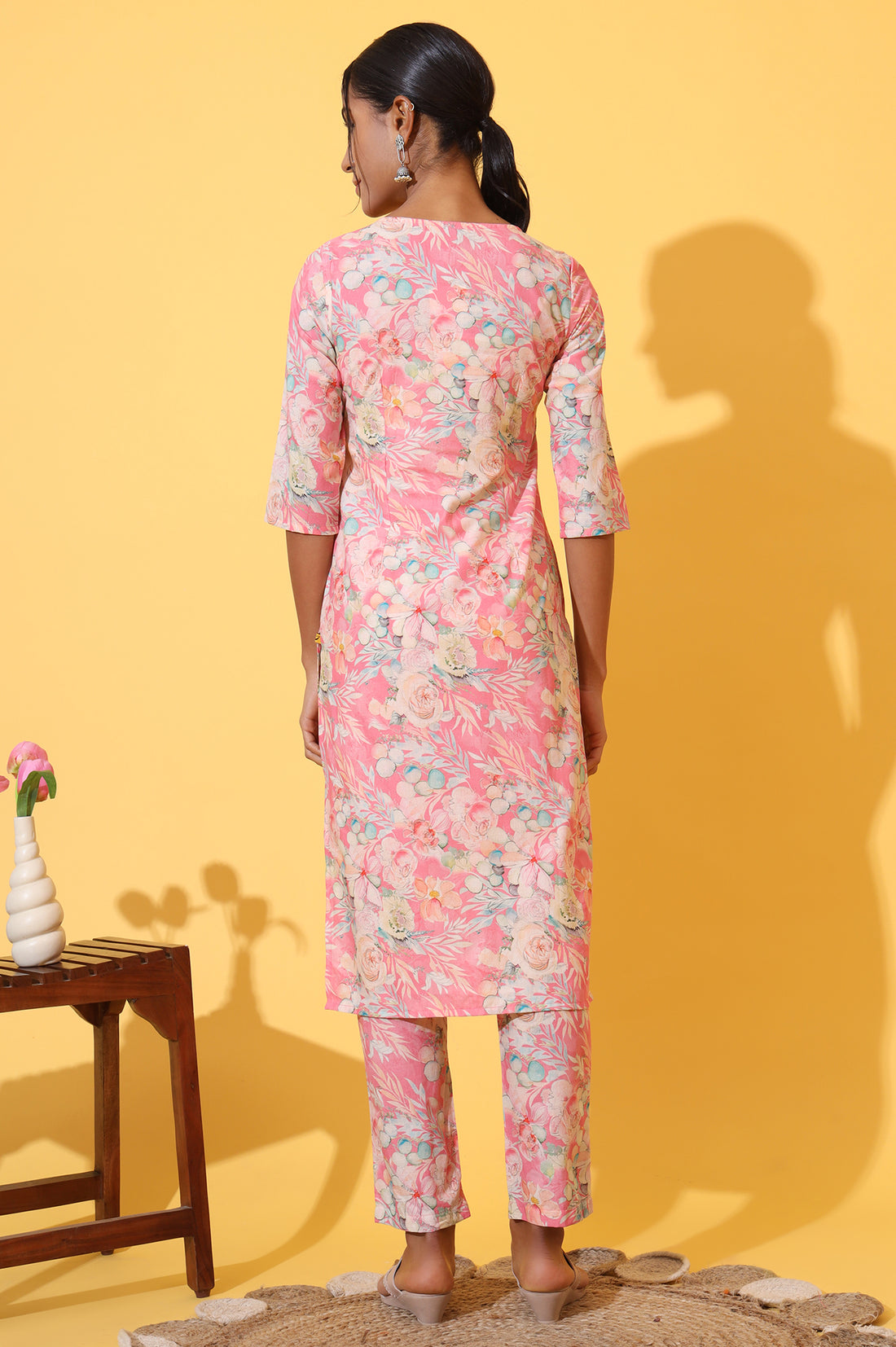 Pink Floral Printed Cotton Shimmer Straight Kurta and Trousers Co-ord Set