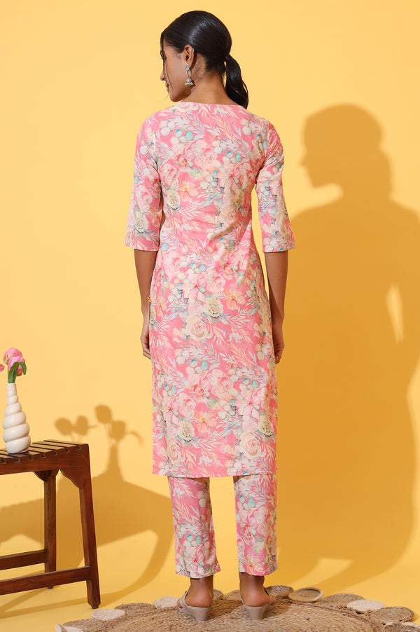 Pink Floral Printed Cotton Shimmer Straight Kurta and Trousers Co-ord Set