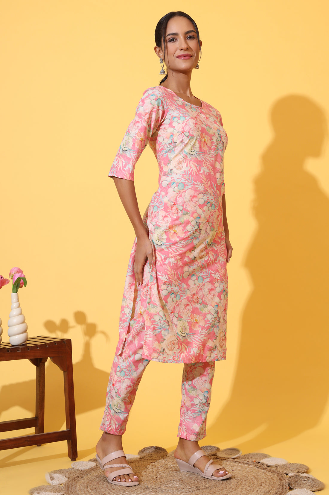 Pink Floral Printed Cotton Shimmer Straight Kurta and Trousers Co-ord Set