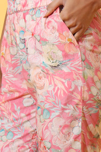Pink Floral Printed Cotton Shimmer Straight Kurta and Trousers Co-ord Set