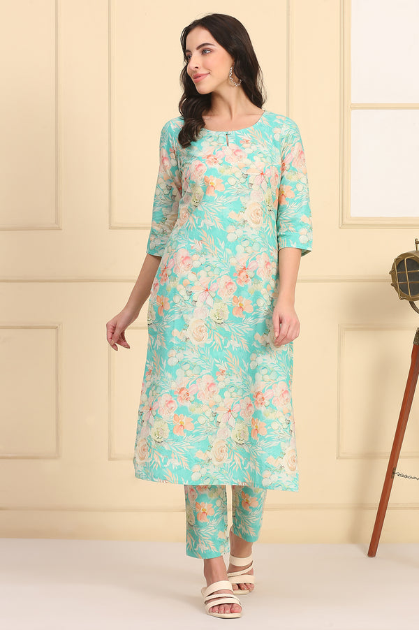 Blue Floral Printed Cotton Shimmer Kurta and Trouser Co-ord Set