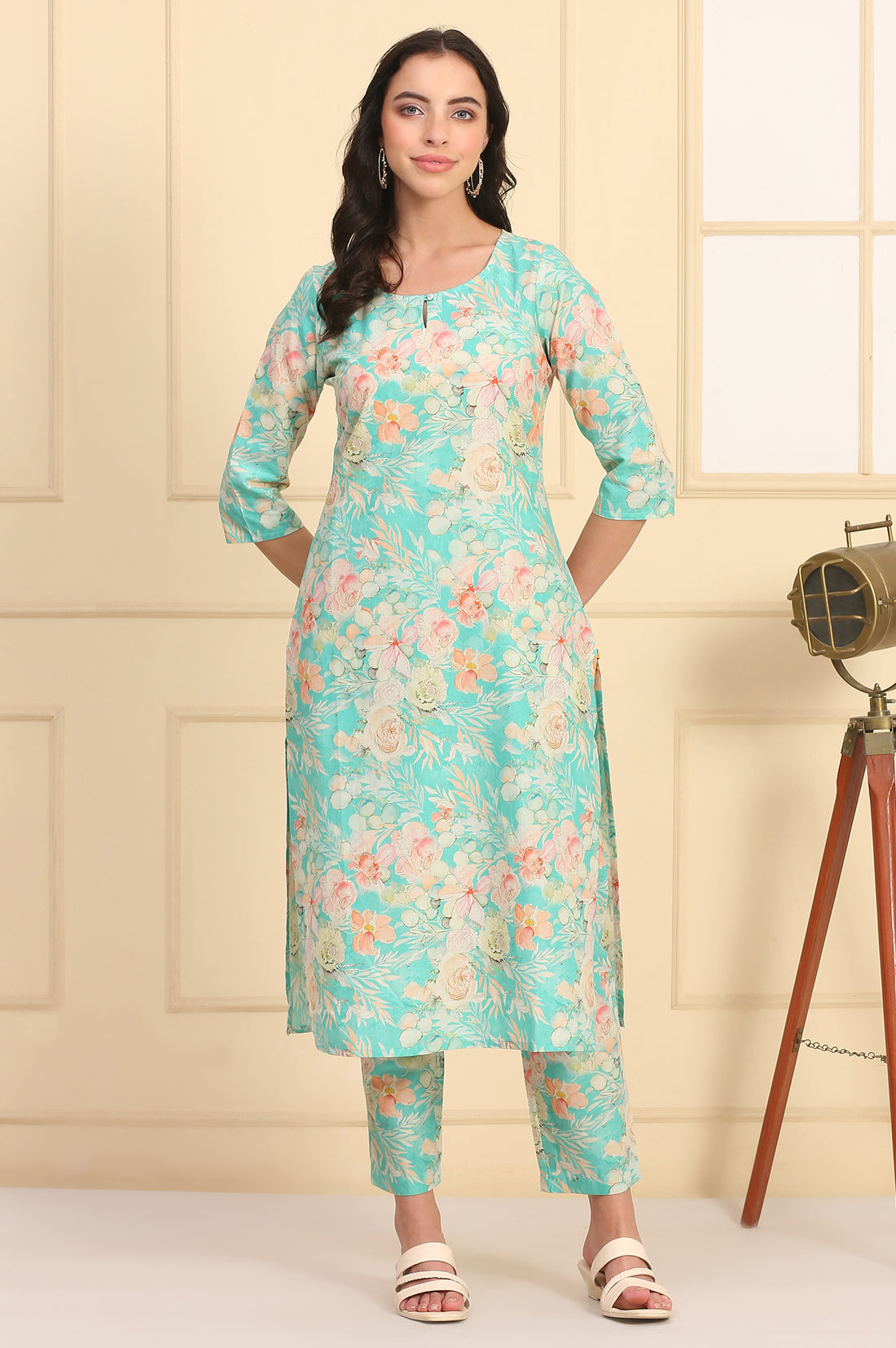 Blue Floral Printed Cotton Shimmer Kurta and Trouser Co-ord Set