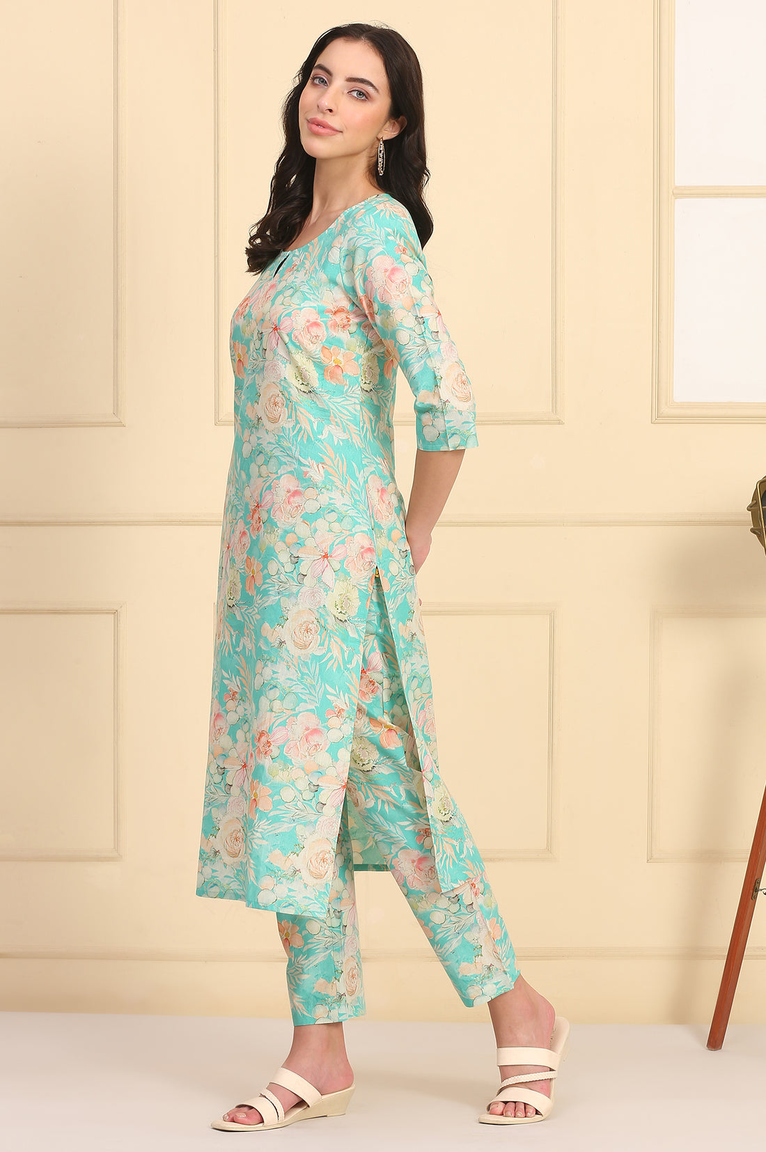 Blue Floral Printed Cotton Shimmer Kurta and Trouser Co-ord Set
