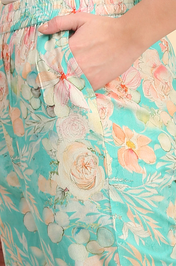 Blue Floral Printed Cotton Shimmer Kurta and Trouser Co-ord Set