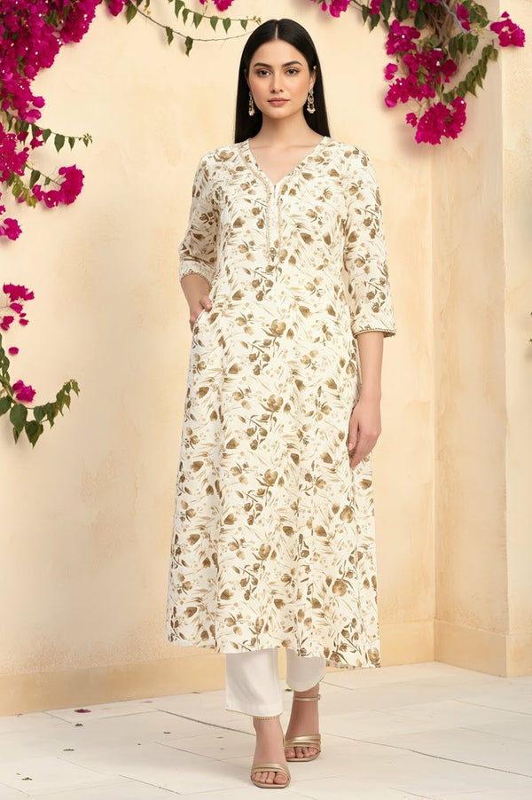 Off White Floral Printed Lace A-Line Rayon Kurta and Trousers Set