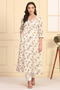Off White Floral Printed Lace A-Line Rayon Kurta and Trousers Set