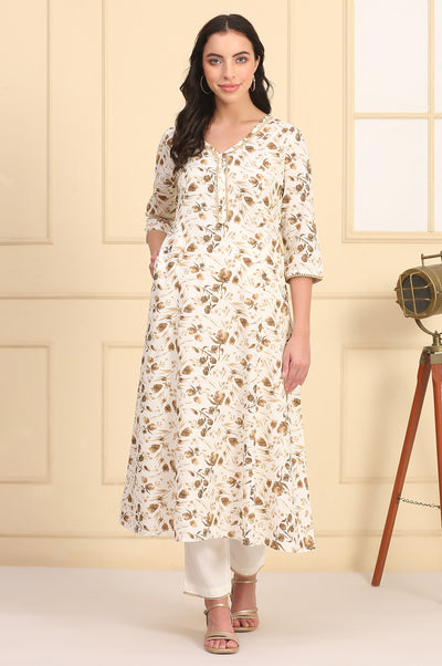 Off White Floral Printed Lace A-Line Rayon Kurta and Trousers Set