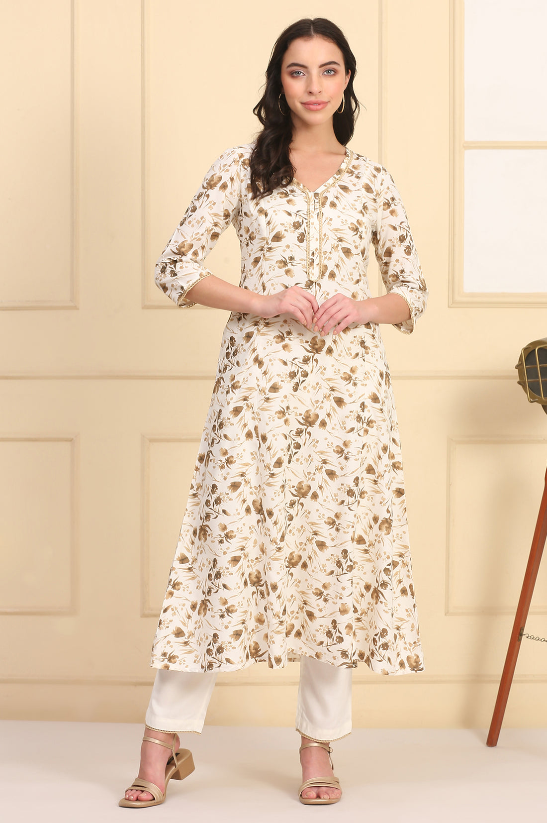 Off White Floral Printed Lace A-Line Rayon Kurta and Trousers Set