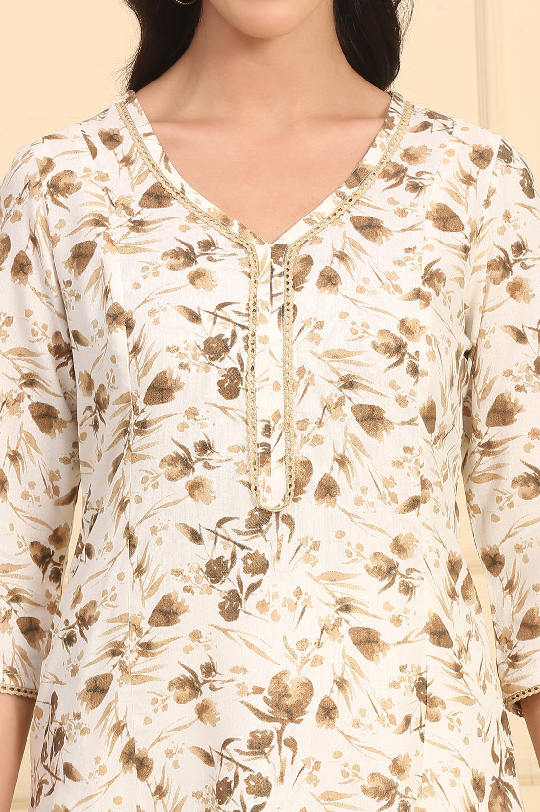 Off White Floral Printed Lace A-Line Rayon Kurta and Trousers Set