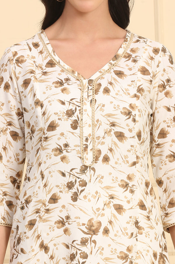 Off White Floral Printed Lace A-Line Rayon Kurta and Trousers Set