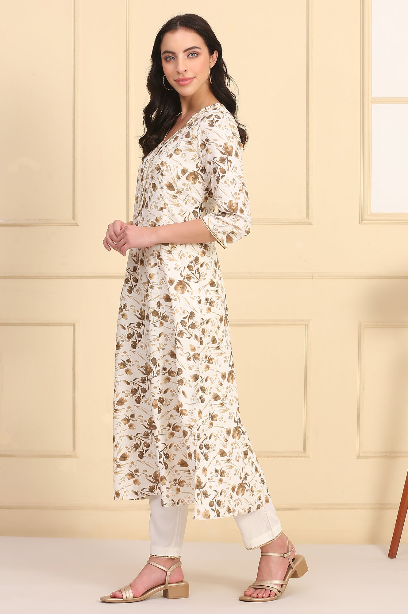 Off White Floral Printed Lace A-Line Rayon Kurta and Trousers Set