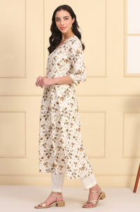 Off White Floral Printed Lace A-Line Rayon Kurta and Trousers Set