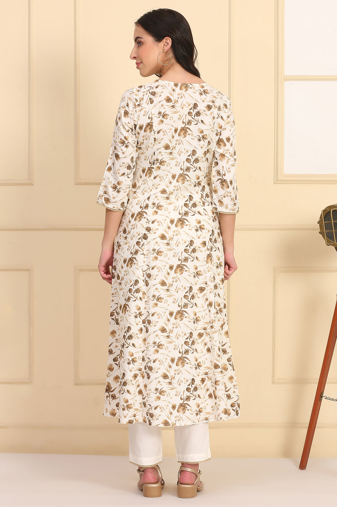 Off White Floral Printed Lace A-Line Rayon Kurta and Trousers Set