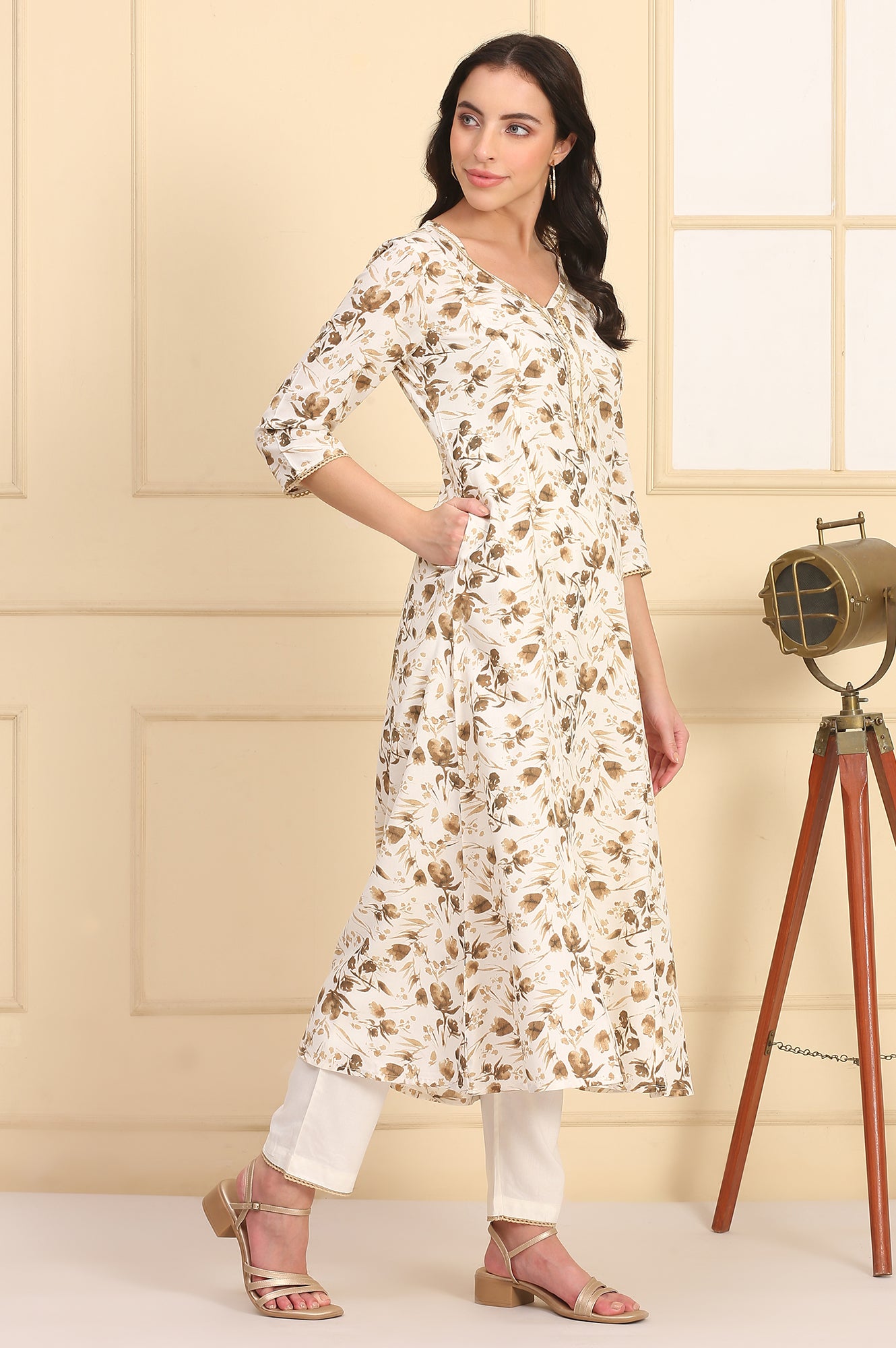Off White Floral Printed Lace A-Line Rayon Kurta and Trousers Set