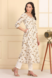 Off White Floral Printed Lace A-Line Rayon Kurta and Trousers Set