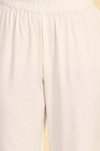 Off White Floral Printed Lace A-Line Rayon Kurta and Trousers Set