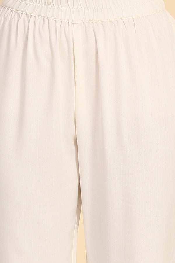 Off White Floral Printed Lace A-Line Rayon Kurta and Trousers Set