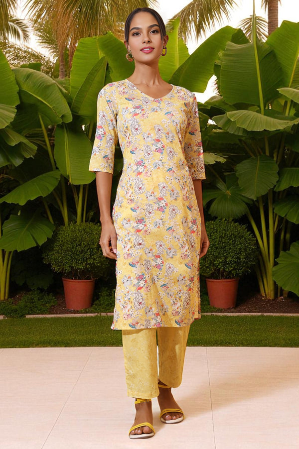 Yellow Floral Printed Pure Cotton Straight Kurta and Pants Co-ord Set