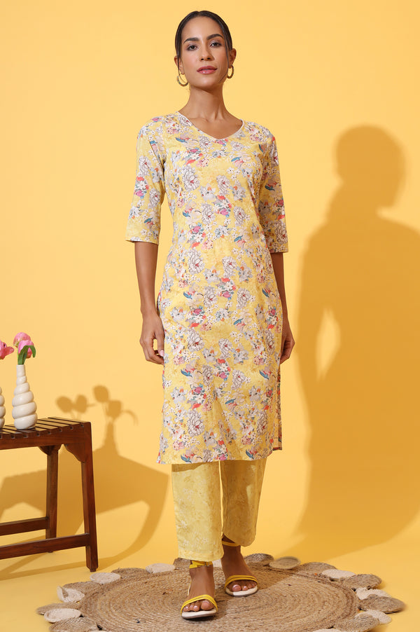 Yellow Floral Printed Pure Cotton Straight Kurta and Pants Co-ord Set