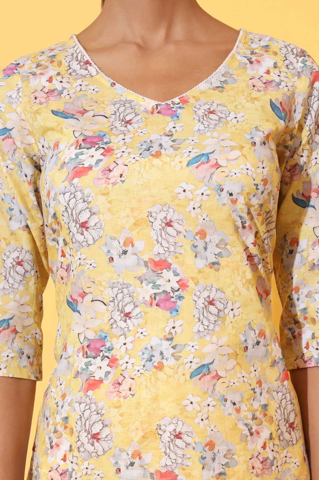 Yellow Floral Printed Pure Cotton Straight Kurta and Pants Co-ord Set