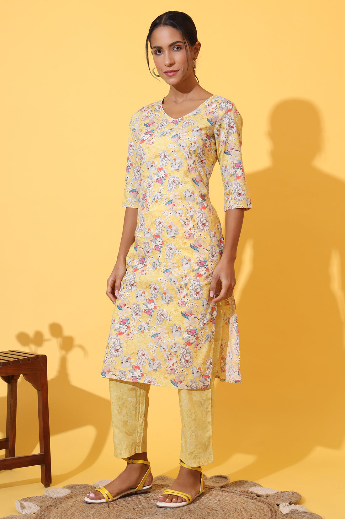Yellow Floral Printed Pure Cotton Straight Kurta and Pants Co-ord Set