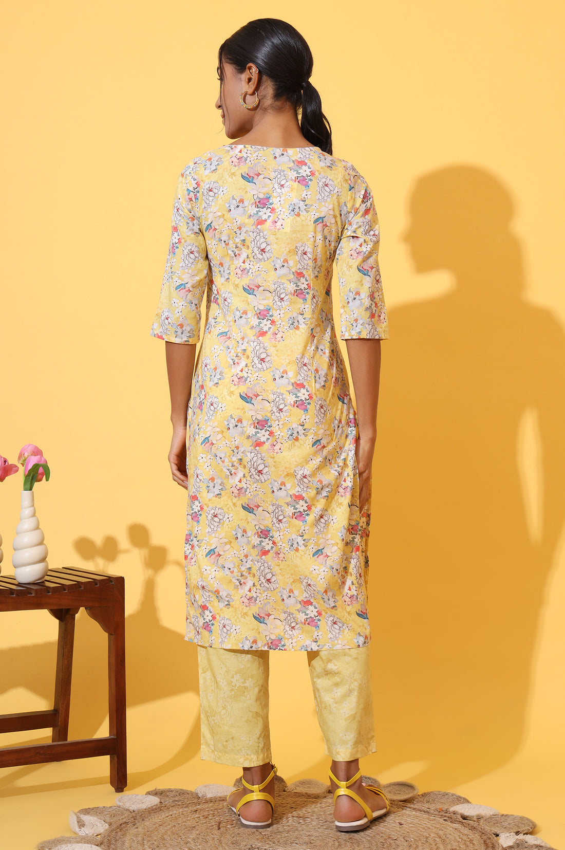 Yellow Floral Printed Pure Cotton Straight Kurta and Pants Co-ord Set
