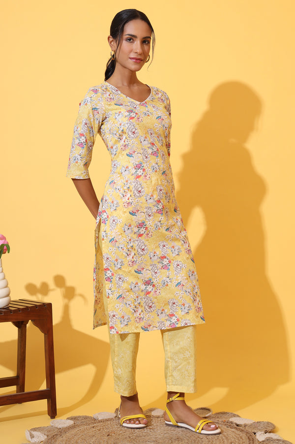 Yellow Floral Printed Pure Cotton Straight Kurta and Pants Co-ord Set