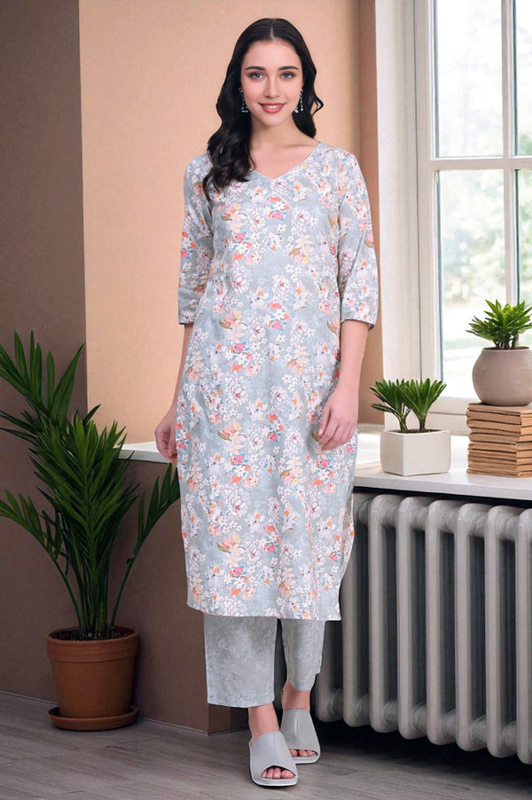 Grey Floral Printed Pure Cotton Kurta and Pants Co-ord Set