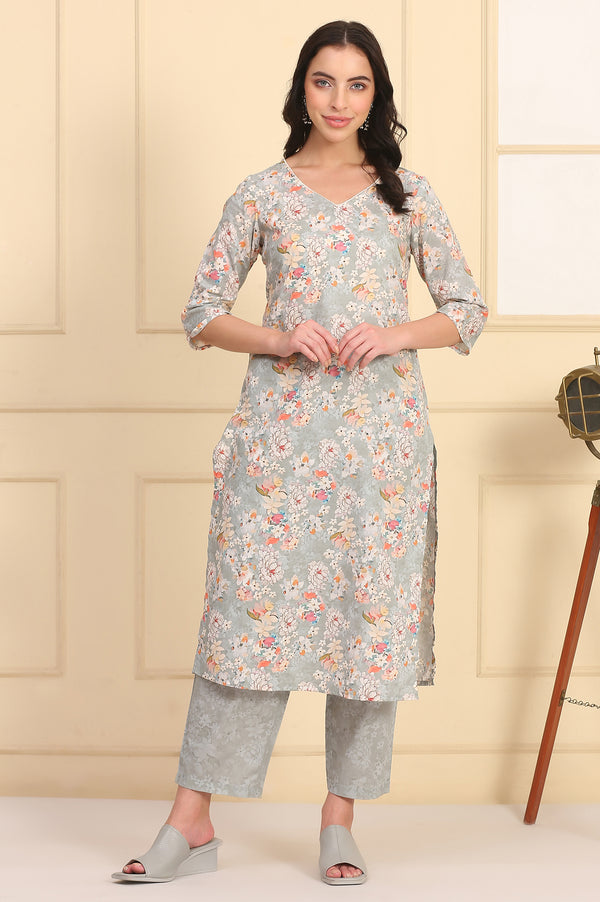 Grey Floral Printed Pure Cotton Kurta and Pants Co-ord Set