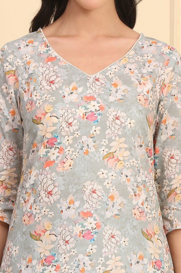 Grey Floral Printed Pure Cotton Kurta and Pants Co-ord Set
