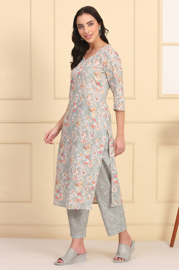 Grey Floral Printed Pure Cotton Kurta and Pants Co-ord Set